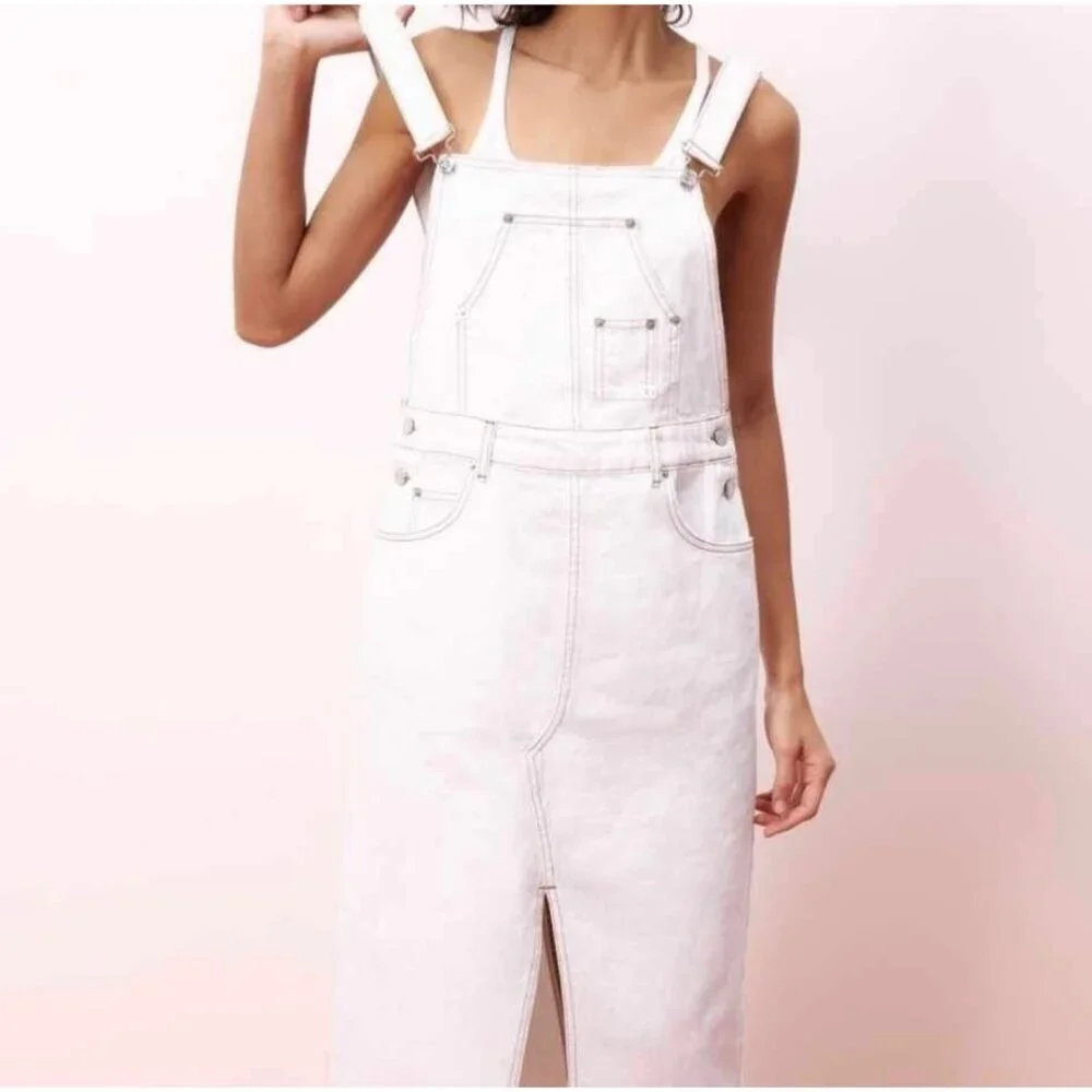 Zara Off White Brown Stitches Denim Overall Dress Bib Skirt Size Medium - Picture 3 of 14